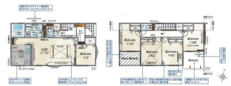 幸手市緑台1丁目2期　新築一戸建ての間取り|広々ワイドバルコニーを2つ完備！洗濯動線が快適に♪