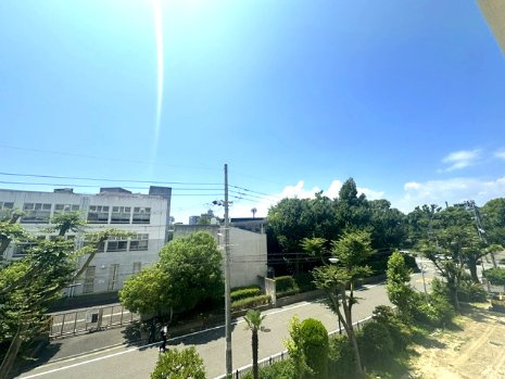 【展望】 | 新北野第2コーポ 西棟 | バルコニーからは緑豊かな景色が広がっています。学校や公園が近く、季節の移り変わりを感じられる木々が多く見られます！