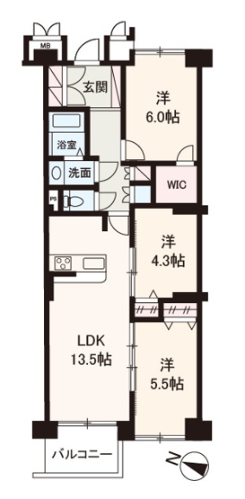 【間取り】 | 新北野第2コーポ 西棟 | LDKを中心に3つの洋室を配置した、ご家族のコミュニケーションが取りやすい3LDK。全居室に収納を備え、豊富な収納力で住空間をスッキリ保てます！