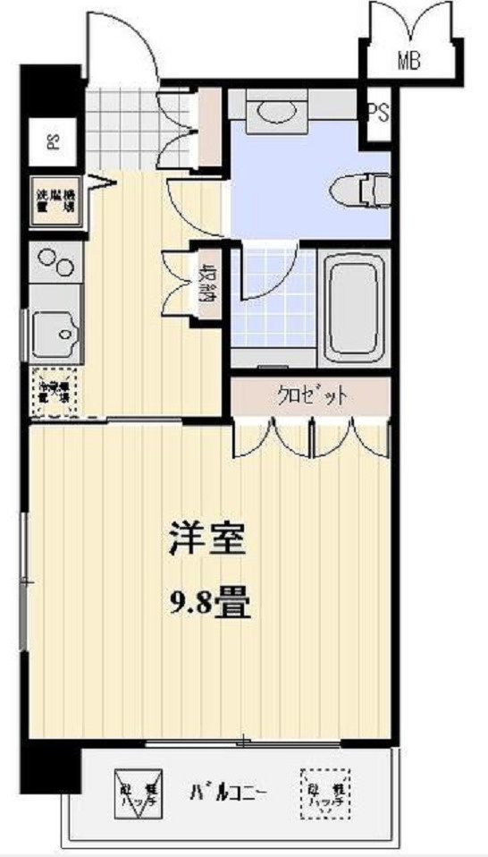 プロスペクト大森海岸の間取り|間取り　角部屋の1K広々洋室9.8帖バストイレ別独立洗面台　角部屋