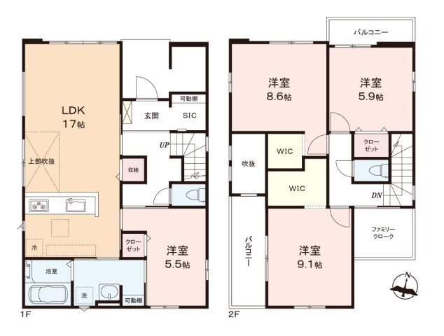 富士見市水谷東２丁目の新築一戸建の間取り|ファミリークロークやシューズインクローク、2か所のウォークインクローゼットなど収納豊富な新築一戸建て！
吹抜けのある開放的なリビングは17帖の広さ！
資料請求やご見学などお気軽にお問い合わせください。