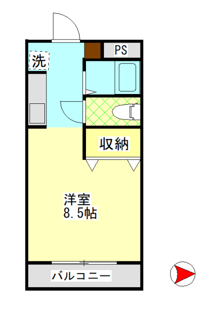 ウィステリアコート田ノ上Ⅱの間取り|田ノ上　１K　(反転タイプ)