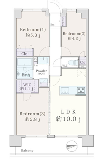【間取り】 | 東急ドエルアルス横浜蒔田 | 専有面積56.44㎡、3LDK+WIC