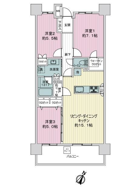 ３ＬＤＫ、人気の対面キッチン、ウォークインクローゼット等、収納も充実！
