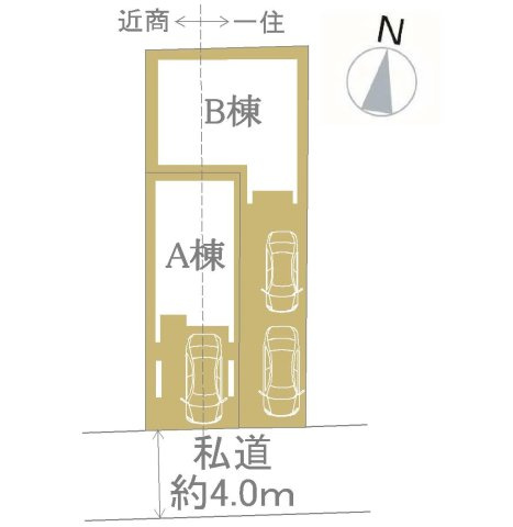 【横浜市鶴見区下末吉2丁目12-12全2棟新築戸建て】★仲介手数料無料★（下末吉小学校・末吉中学校）の区画図|約4.0mの私道に面した全2棟の区画。A号棟は建物前に駐車スペースを確保し、B号棟にも専用の駐車スペースを配置。敷地形状を生かした配置計画です。