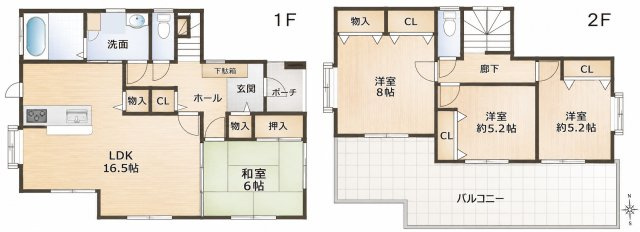 越谷市大成町1丁目　3方角中古住宅の間取り|日当たりサンサン！LDK続き間開けると22.5帖と広々！収納力と大型バルコニーもすごい！