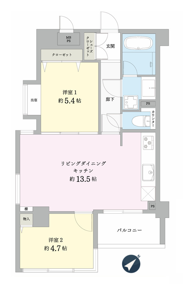 角部屋にして高光量！！１階なのにこのスペックは吉！！ペットも飼えて１ＬＤＫとしても利用しやすく、かと言って狭さ感じないグランドなメゾンの『グランドメゾン保土ケ谷』リフォームの間取り