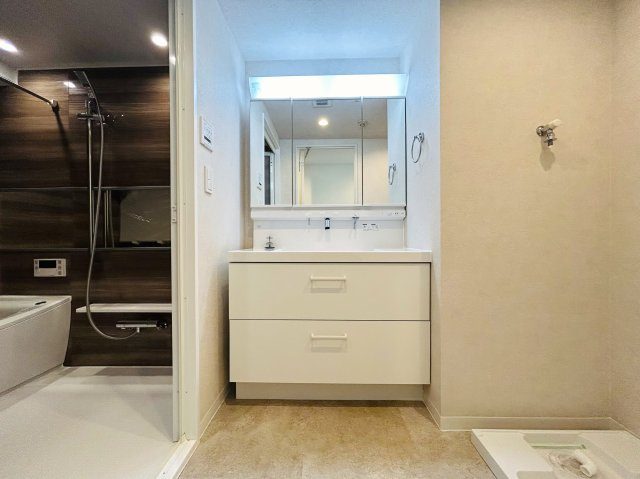 角部屋にして高光量！！１階なのにこのスペックは吉！！ペットも飼えて１ＬＤＫとしても利用しやすく、かと言って狭さ感じないグランドなメゾンの『グランドメゾン保土ケ谷』リフォームの独立洗面台|独立洗面台、小物を置くことができて便利です