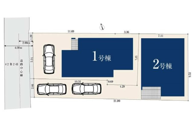 【横浜市鶴見区馬場2丁目28-7全2棟新築戸建て】★仲介手数料無料★（馬場小学校・上の宮中学校）の区画図|道路から奥に広がる全2棟の分譲地。1号棟はカースペース3台分、2号棟は1台分を確保しています。敷地を有効に活用した、ゆとりある配置計画です。