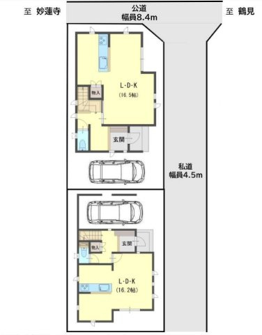 【横浜市鶴見区馬場3丁目22-12全2棟新築戸建て】★仲介手数料無料★（上寺尾小学校・寺尾中学校）の間取り|幅員約8.4mの公道と幅員約4.5mの私道に面した全2棟の分譲地です。7号棟は開放感のある角地のような区画、6号棟もカースペースを確保し、落ち着いて暮らせる配置となっています。