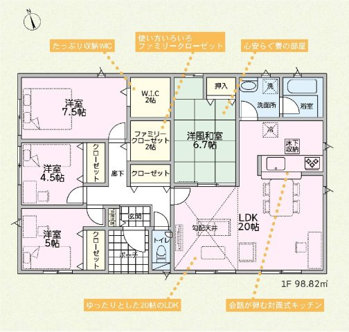 新築　太田市南ヶ丘町第3　クレイドルガーデン　１号棟の間取り|建物面積98.82㎡　広々20帖のLDK・4LDKの平屋のお家♪ウォークインクローゼット・ファミリークローゼット・各部屋収納付きで便利です！