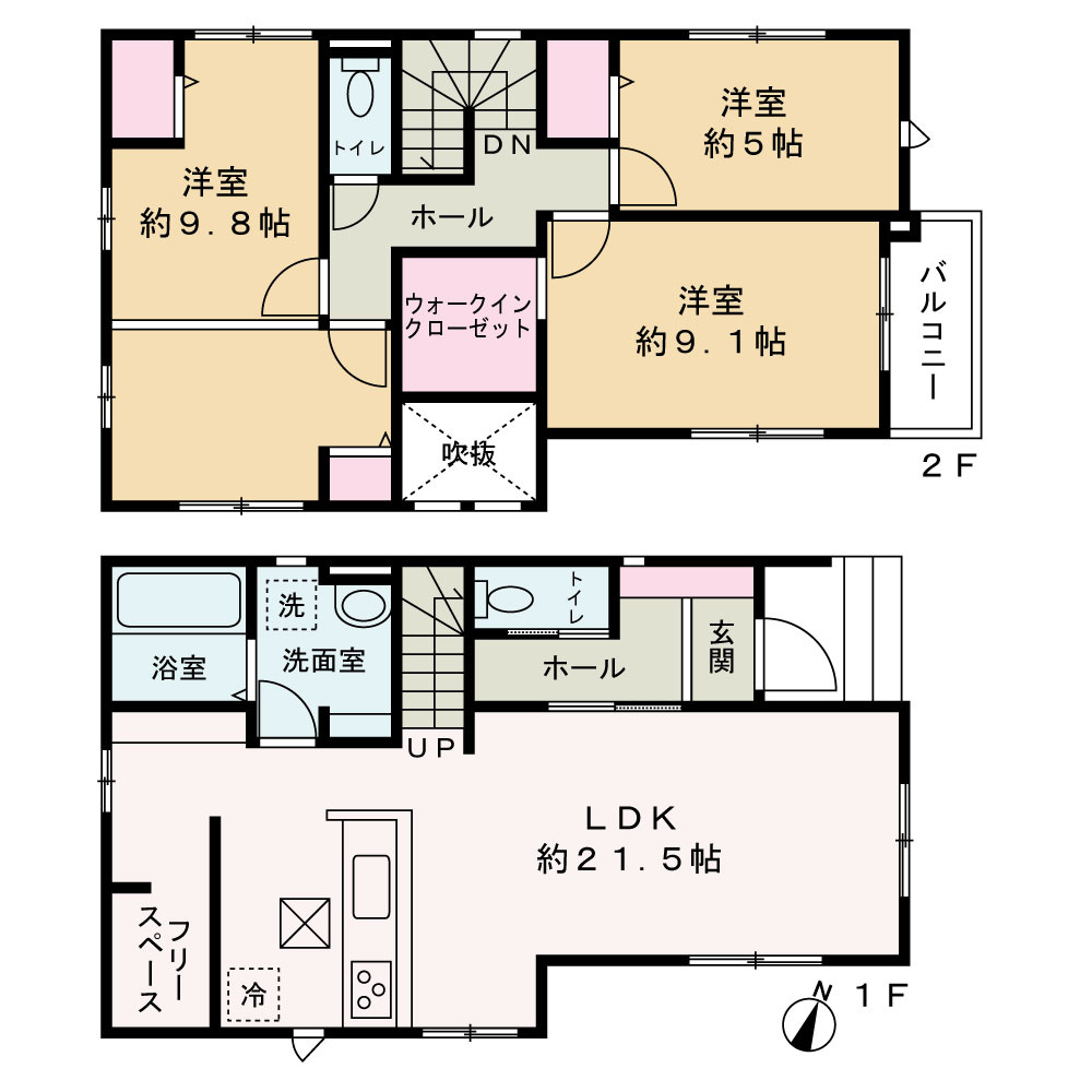 松戸市緑ヶ丘２丁目新築戸建【緑ヶ丘小学校：3分】の間取り|LDKだけで約21.5帖もの広さがあり、大型家具を置いてもゆとりのある大空間です。3面採光で風通し・日当たりにも考慮されています