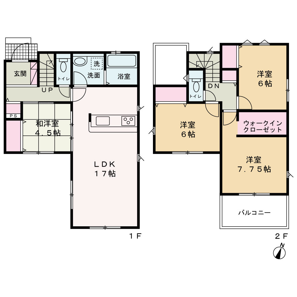 松戸市小山8期の間取り|17帖のLDKと4.5帖の和洋室をつなげて21.5帖の大空間に！水回りを1階に集約した家事楽動線と、主寝室のWICをはじめとする全居室収納で、すっきり快適に暮らせる和洋室付き4LDKです。