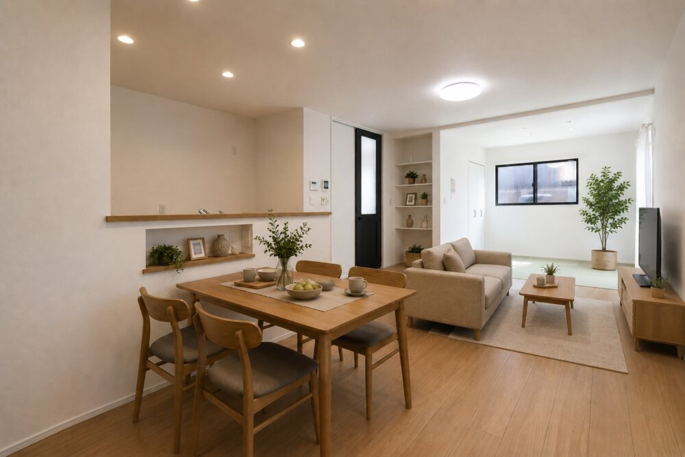 ☆選べる家具プレゼント☆松山市高岡　新築戸建　４SLDKの居間・リビング