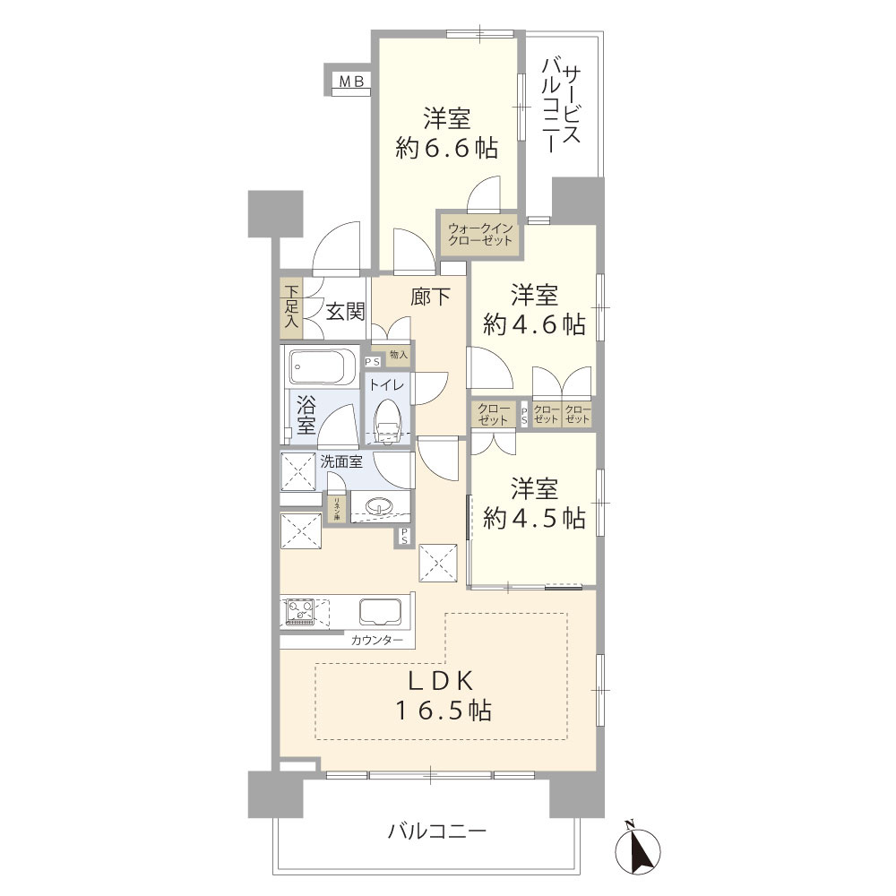 アンビシャス西川口の間取り|リビングダイニングキッチン、16.5帖。
柱を外側に出しており、家具の配置がスッキリできます。