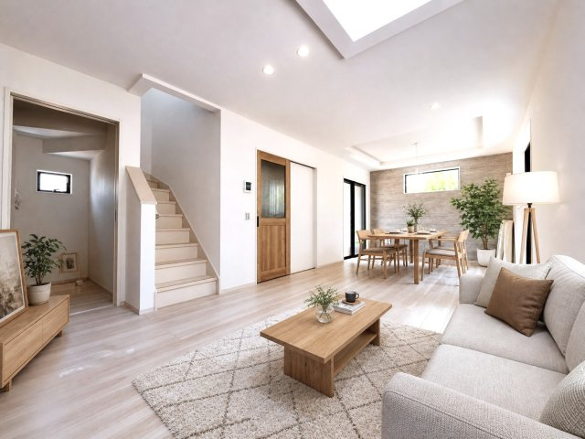 葛飾区亀有２丁目の新築一戸建の居間・リビング|【リビングダイニング】２面採光、明るいリビング♪暖かな光が射し込む、広々リビングダイニング　※写真は施工例です