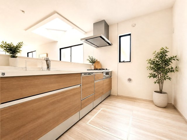 葛飾区亀有２丁目の新築一戸建のキッチン|【システムキッチン】豊富な収納はもちろん、大型シンクに３口グリル付きコンロ・食洗機・浄水器など使いやすさ重視の対面式システムキッチン。ご家族と楽しく会話をしながら料理もできます♪※写真は施工例です