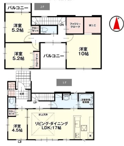 新築　高崎市吉井町1期　1号棟の間取り|建物面積115.67㎡　シューズインクローク・ファミリークローク・ウォークインクローゼット・各部屋収納付きで便利です！インナーバルコニーなので急な雨でもお洗濯物も安心です。