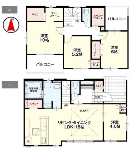 新築　高崎市吉井町1期　2号棟の間取り|建物面積113.83㎡　広々18帖のLDK・全居室南向き♪シューズインクローク・パントリー・ウォークインクローゼット・フリースペース・各部屋収納付き！日当たりの良いバルコニー付きです！