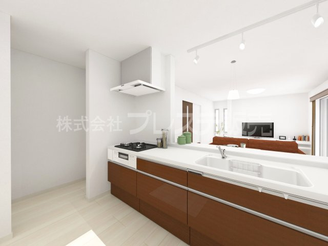 大和郡山市野垣内町の新築一戸建 全６区画のキッチン|２号地キッチン完成イメージ／人気の対面キッチン♪