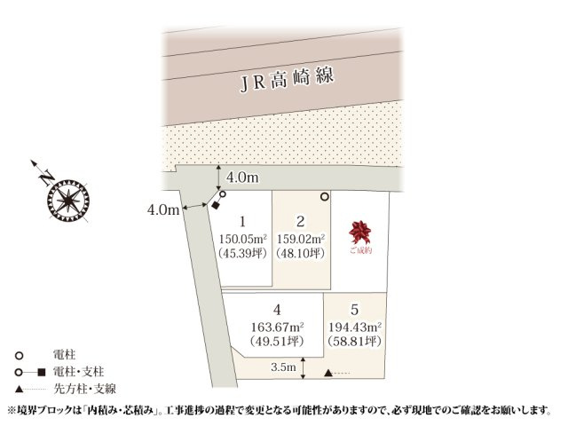 【区画図】 | JR高崎線「籠原」駅まで徒歩7分の場所に全5区画の分譲地が誕生!分譲地周辺は住宅が多く、車の交通量は少ない環境です。