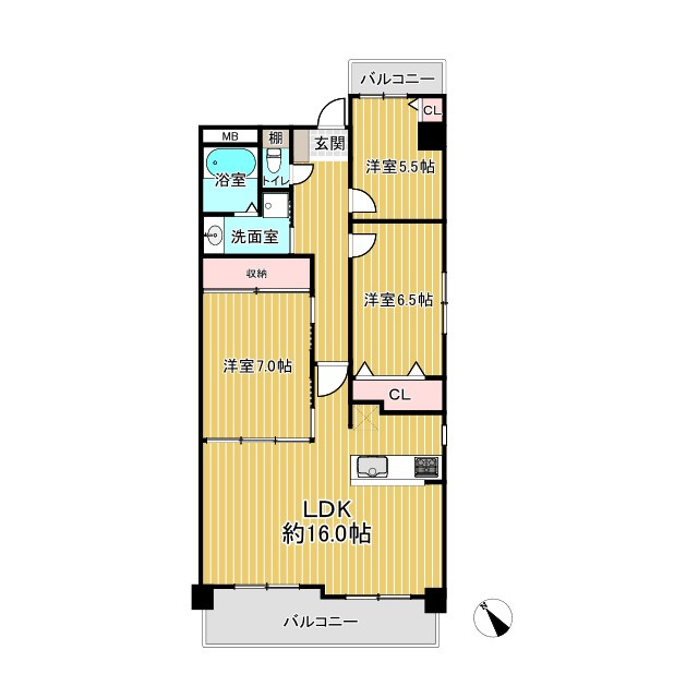 宝マンション滝ノ水第三の間取り|3LDK、専有面積70.02㎡、バルコニー面積8.95㎡

