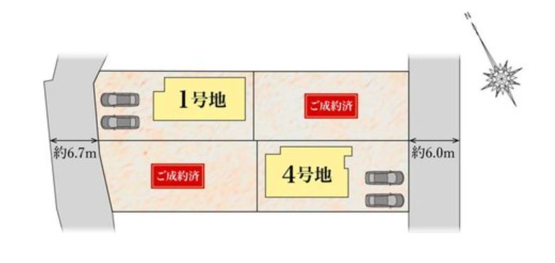 タマタウン寺家（1号地）の区画図|前面道路の幅員は約6.7mあります。お車の運転が苦手な方でも安心して駐車ができます。