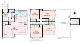 延床面積約112㎡の4LDKの戸建になります。ルーフバルコニーも付いていて開放感のある眺望