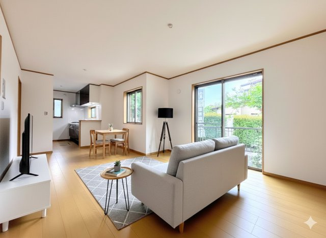 港南区芹が谷５丁目　新築戸建ての居間・リビング|［モデルハウス］◆家族で食卓を囲むダイニングスペースと、ソファでゆったりくつろぐリビングスペースがしっかり区切られているので家具の配置や用途を使いわけしやすいです。
