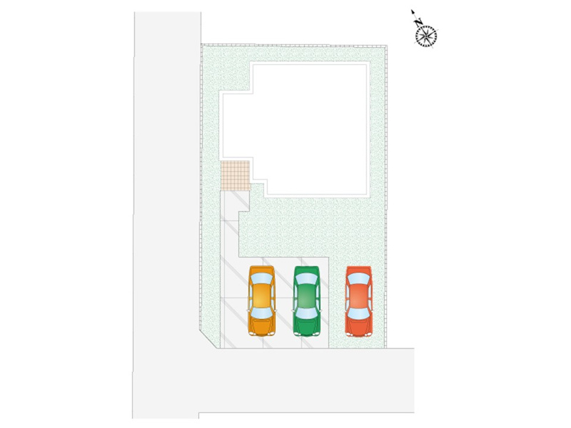 【１号棟　配置図】駐車スペース３台分確保。敷地は60㎡以上と余裕があるため、自転車を雨風から守るサイクルハウスの設置も可能です！