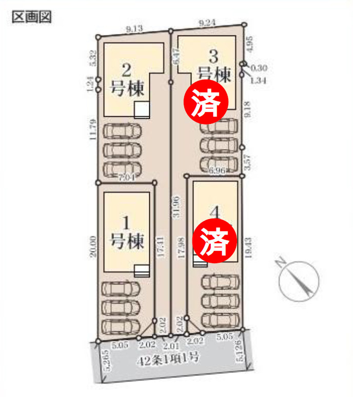 リーブルガーデン名護市宮里　第２・１号棟の区画図|区画図／接道状況：南西側5.2ｍ公道・西側1.2ｍ公道・東側1.3ｍ公道