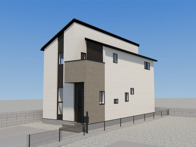 仲介手数料不要 よかタウンAdoble合志市幾久富6期【南ヶ丘小・合志中】1号棟の外観パース|1号棟の完成予想図（斜め）。実際と異なる場合があります。車両は配置例です。