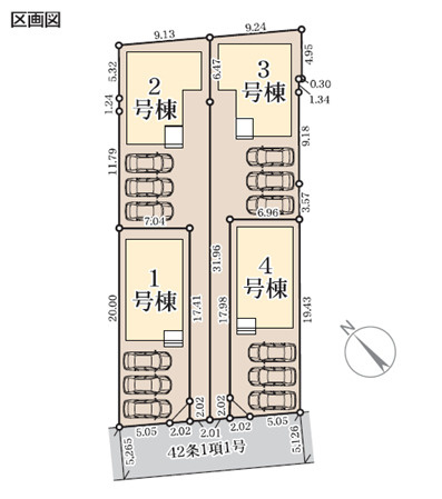リーブルガーデン名護市宮里　第２・３号棟の間取り|区画図／接道状況：南西側5.2ｍ公道・西側1.2ｍ公道・東側1.3ｍ公道