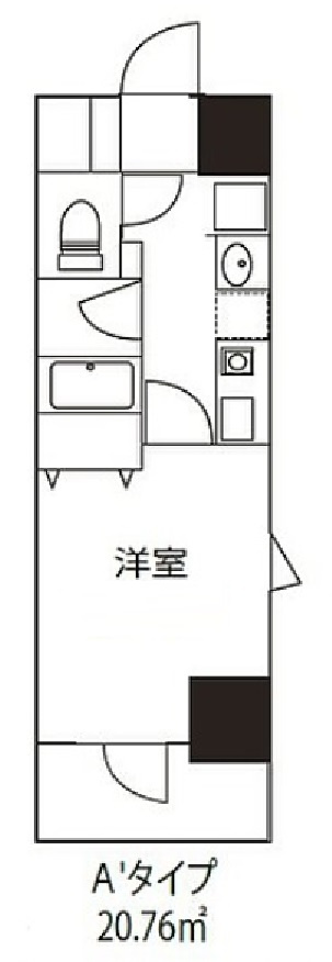 ドミール蓮沼の間取り|西向きバルコニー南西角部屋の1Kバストイレ別　洗面台