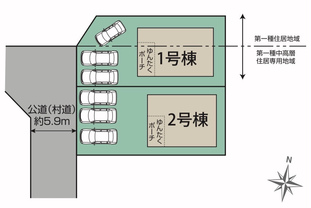 北中城村美崎新築戸建て1号棟（全2棟）の区画図|2棟とも駐車3台可能