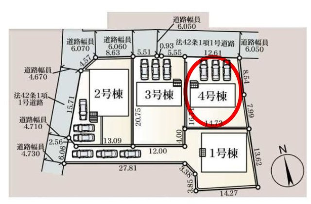 クレイドルガーデン前橋市富士見町時沢第11　4号棟の区画図|駐車場３台ご用意しています！
並列駐車なので、車の出し入れもしやすいですよ！