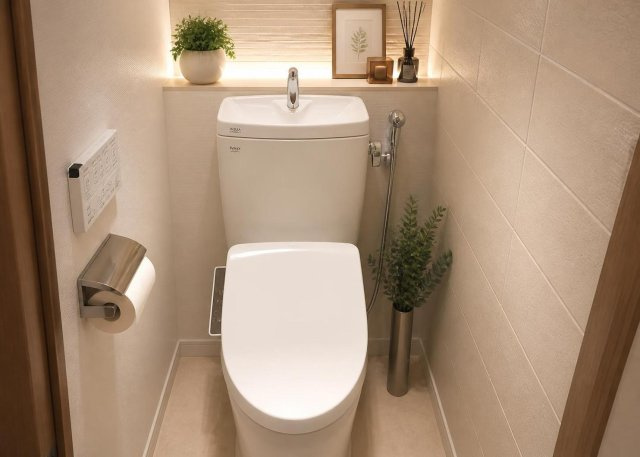 【トイレ】 | 2026年5月に新規交換された快適な温水洗浄便座付きトイレです。清潔感のある内装クロスへ貼り替えられており、爽やかな空間に仕上がっています。小窓が付いているため換気もスムーズに行えて衛生面も安心。