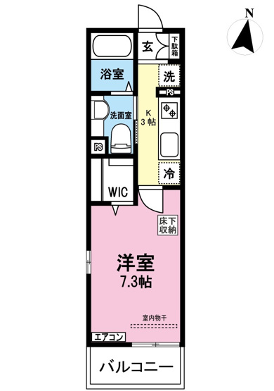 【間取り】 | Philia Flats M・I/フィリアフラッツ | キッチン3帖・洋室7.3帖の1Kタイプのお部屋です☆はじめての一人暮らしにもぴったり♪なんと言っても角部屋・二面採光なのが嬉しい♪