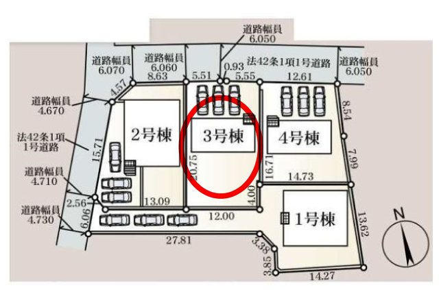 クレイドルガーデン前橋市富士見町時沢第11　3号棟の区画図|駐車場３台ご用意しています！
並列駐車なので、車の出し入れもしやすいですよ！
