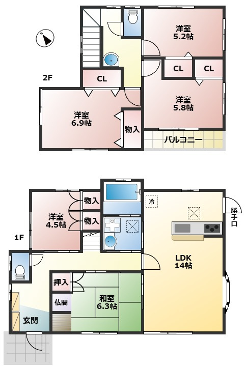 久喜市上早見　中古一戸建ての間取り|家事効率の上がる水回り集中設計です♪