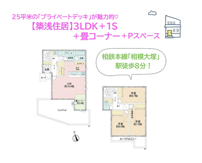 【間取り】 | 横浜方面へのアクセス良好な相鉄本線「相模大塚」駅徒歩８分の好立地◎
１９帖の大型リビングに水廻りが集中した家事ラク動線！
「パントリー」があれば、面倒な買い物頻度をグッと減らすことができますよ♪