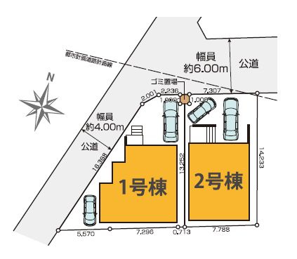 【区画図】 | 練馬区東大泉６丁目　新築戸建て　１号棟 | ゆとりの敷地にはそれぞれ駐車スペース2台分ございます