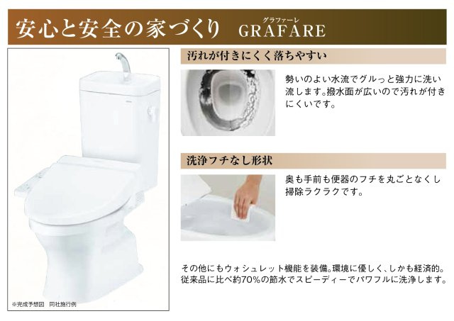 グラファーレ　江南市東野町新田　全3区画分譲のトイレ|超表面平滑加工とイオンパワーの「セフィオンテクト」加工で、汚れが付きにくく落ちやすい仕様です。