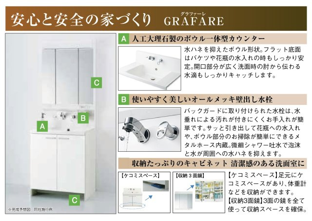 グラファーレ　江南市東野町新田　全3区画分譲の独立洗面台|奥行約420mmのコンパクト設計で、従来品と異なり洗面ボウルの成型の精度が高い為スッキリ納まります