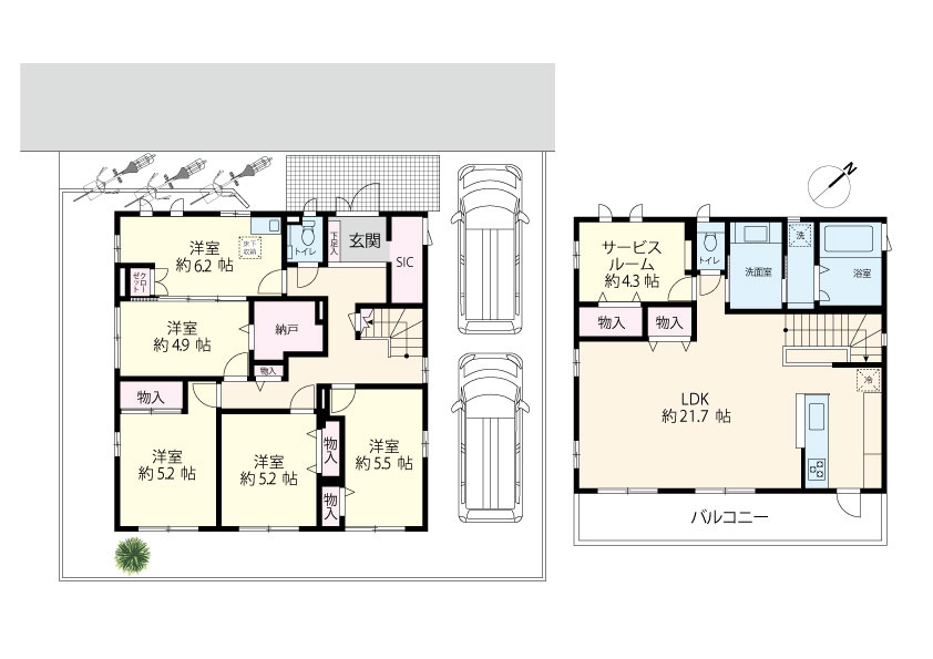 5LDK+S（納戸）、土地面積164.93m2、建物面積133.99m2、鋼管杭が33本打設されています。