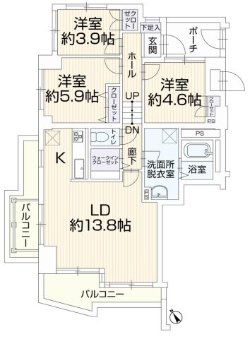 【間取り】 | セントラルコートめじろ台 | 3LDKは、リビングダイニングキッチンと3つの居室がある間取り。ファミリー層に非常に人気の高い間取りで、広々としたリビングで家族団らんを楽しみ、個室でプライベートな時間も確保できるのが大きな魅力です。