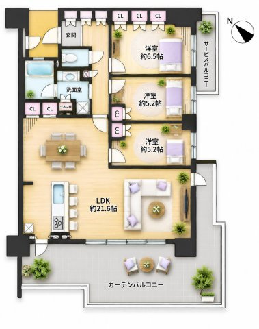 【間取り】 | 照葉テラス・パークカーサ０２☆仲介手数料無料☆ | ※本図に表示されている家具・家電・照明・インテリア・観葉植物等は、AIによる配置イメージです。実際には設置されておらず、売買対象にも含まれません。図面と現況が相違する場合は、現況を優先いたします。