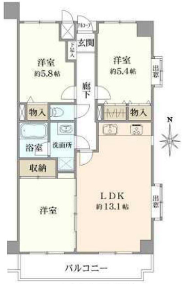 【間取り】 | ライオンズマンション淵野辺第５ | 3LDKは、リビングダイニングキッチンと3つの居室がある間取り。ファミリー層に非常に人気の高い間取りで、広々としたリビングで家族団らんを楽しみ、個室でプライベートな時間も確保できるのが大きな魅力です。