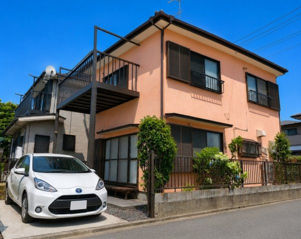中央区緑が丘　リノベに最適な角区画の外観|ピンク色の外壁で、柔らかく優しげな印象です。