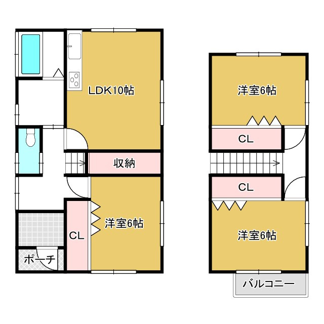 【ウッドデッキ♪】鞍手郡小竹町 大字新多（小竹駅） 2階建 ３ＬＤＫの間取り